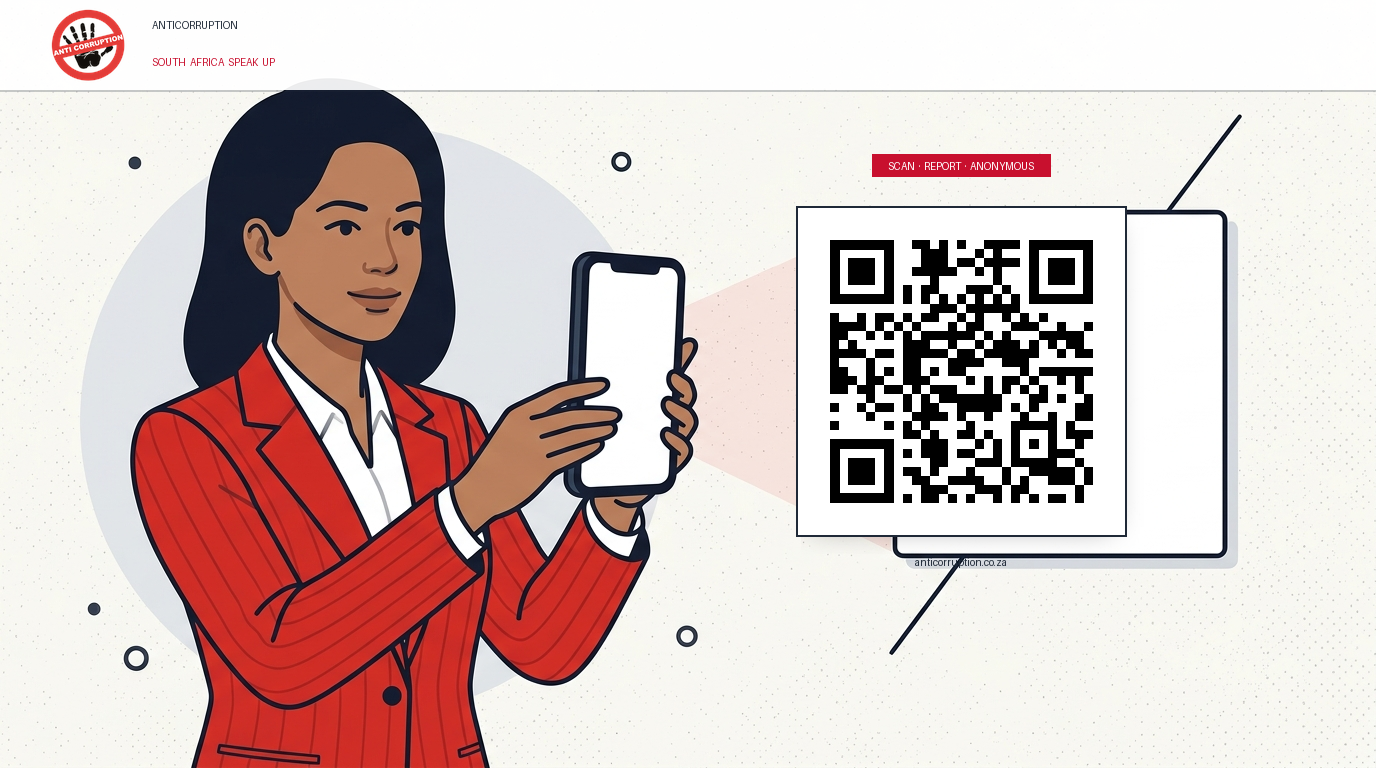 Scan the QR code with your smartphone camera to open anticorruption.co.za and report an anonymous tip-off